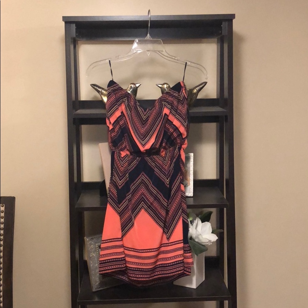 Coral and navy strapless mini dress!